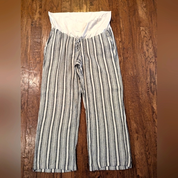 Maternity Rollover-Waist Black & Ivory Linen-Blend Wide Leg Pants Sz XL. - Picture 5 of 11